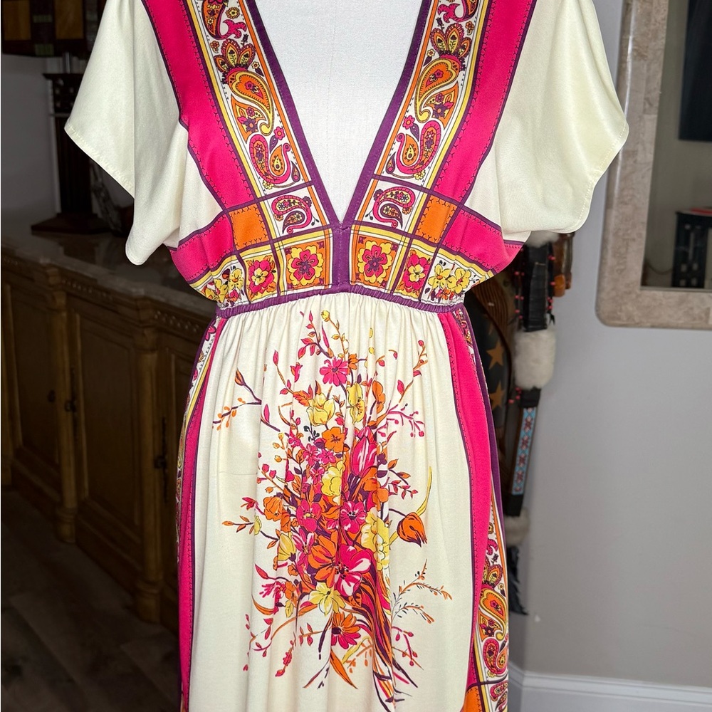 Flying Tomato Colorful Floral and Paisley V Neck Dress Kimono Inspired